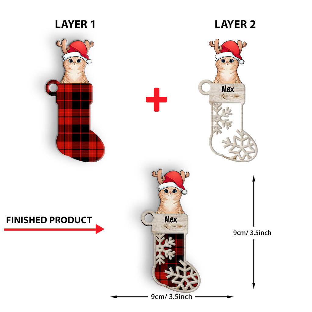 Lovely Cat Sock - Personalized Christmas Cat Layered Wood Ornament