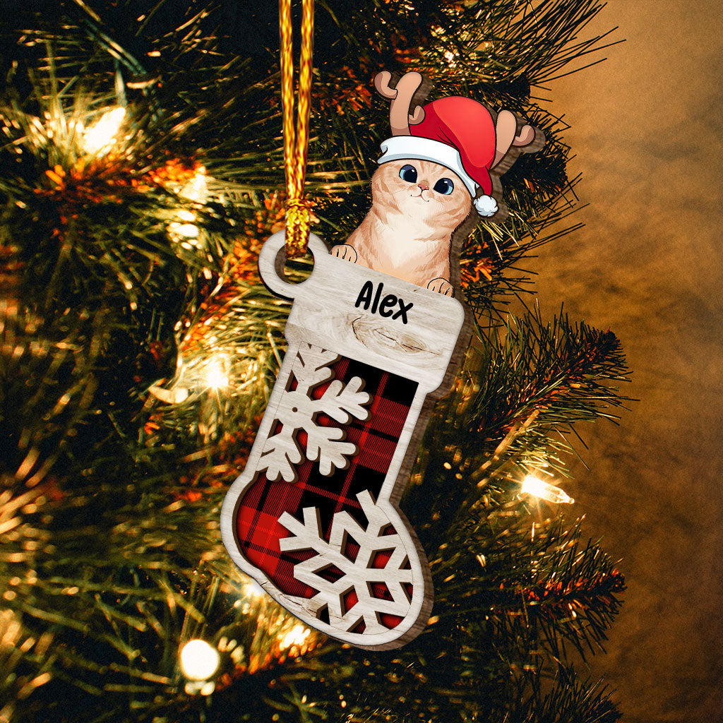 Lovely Cat Sock - Personalized Christmas Cat Layered Wood Ornament