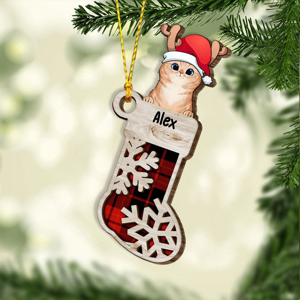 Lovely Cat Sock - Personalized Christmas Cat Layered Wood Ornament