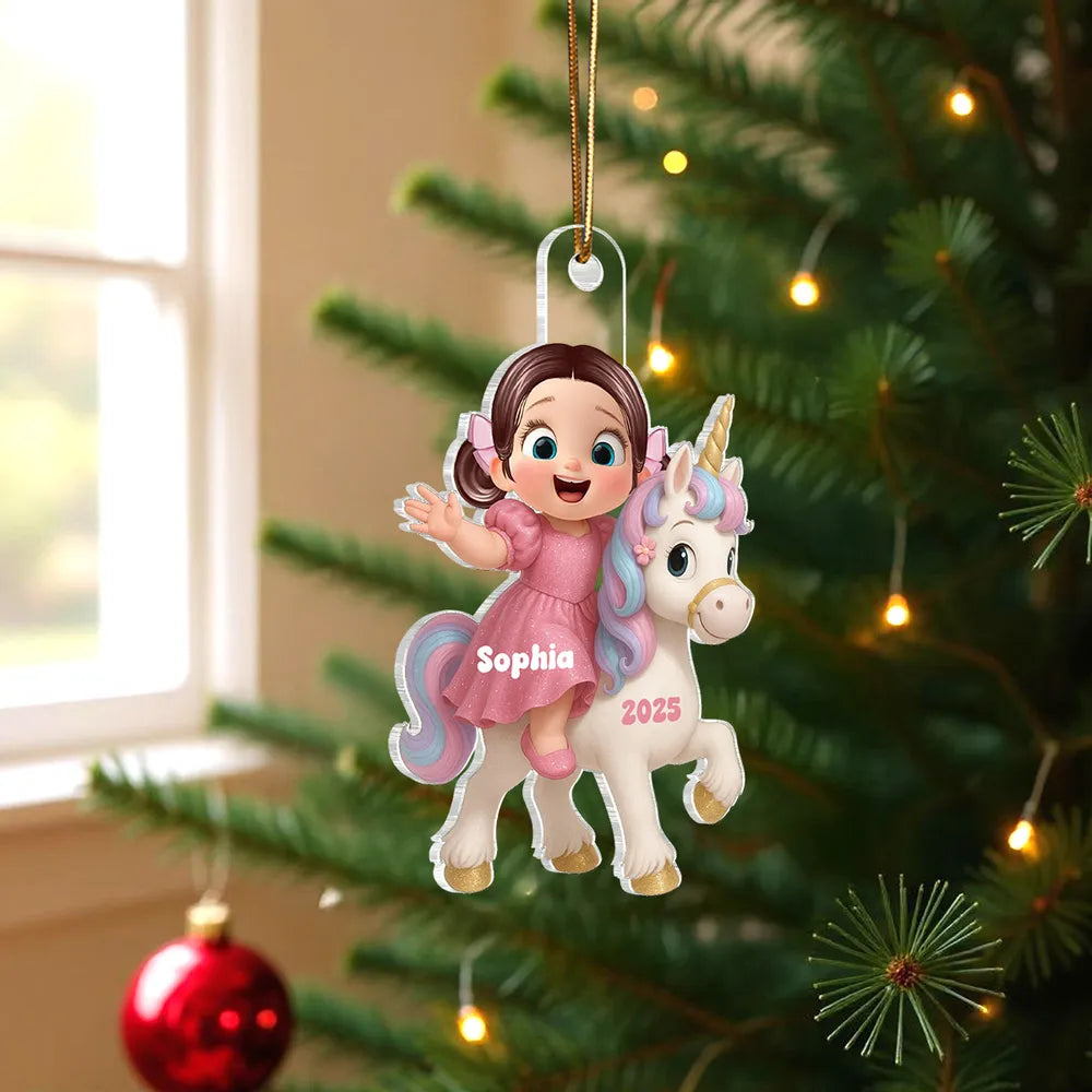 Acrylic Ornament with Girl & Unicorn Cartoon Design, Dreamy Pink Holiday Style, Perfect Gift for Kids and Family