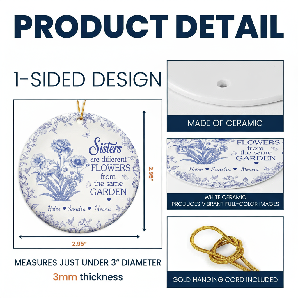 Sisters Ceramic Ornament with Blue Flower Pattern, Sentimental Home Décor and Gift-Ready Keepsake