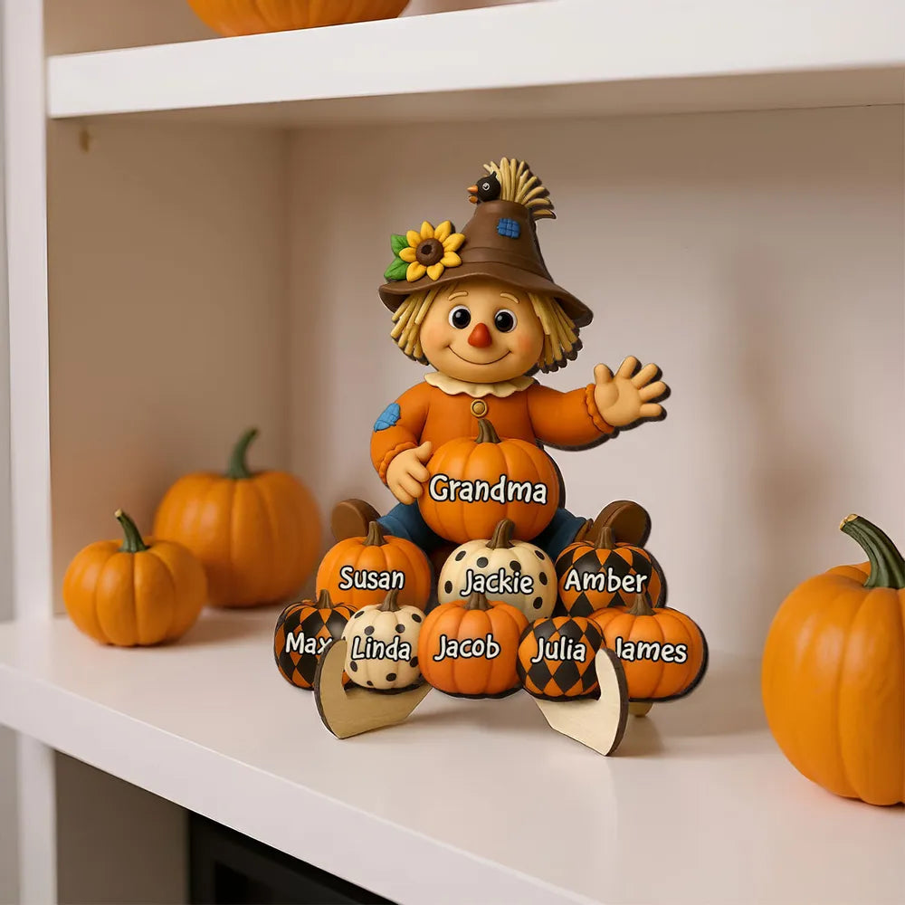2-Layer Wooden Plaque with Scarecrow and Pumpkin Theme, Personalized Grandma & Family Keepsake Gift