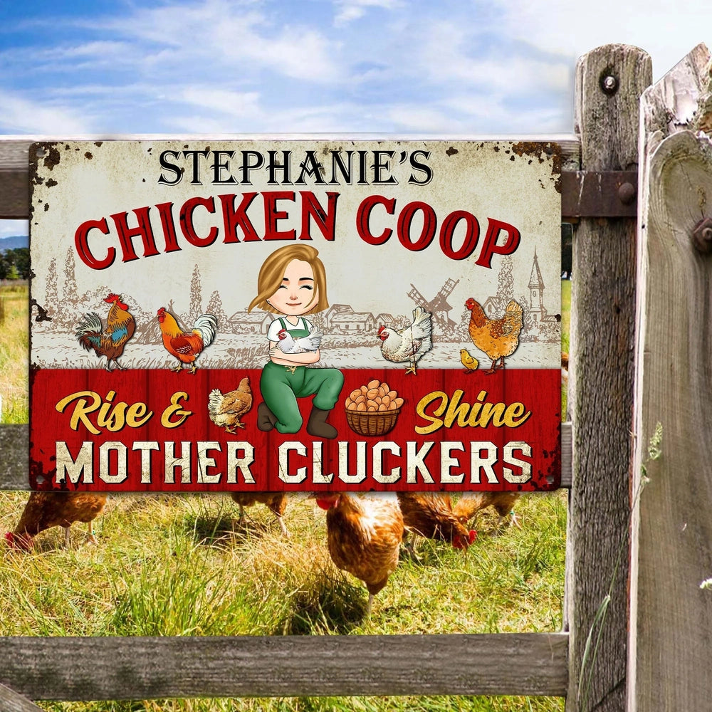 Personalized Rectangular Iron Sign Chicken Coop Farmhouse Cartoon, Rise & Shine Mother Cluckers, Unique Gift