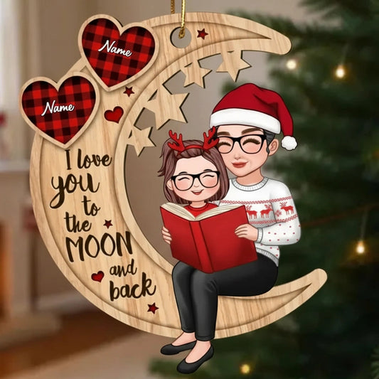 Wooden Ornament Grandma & Grandkid on Crescent Moon, I Love You to the Moon & Back - Xmas Decor, unique gift for Grandkids