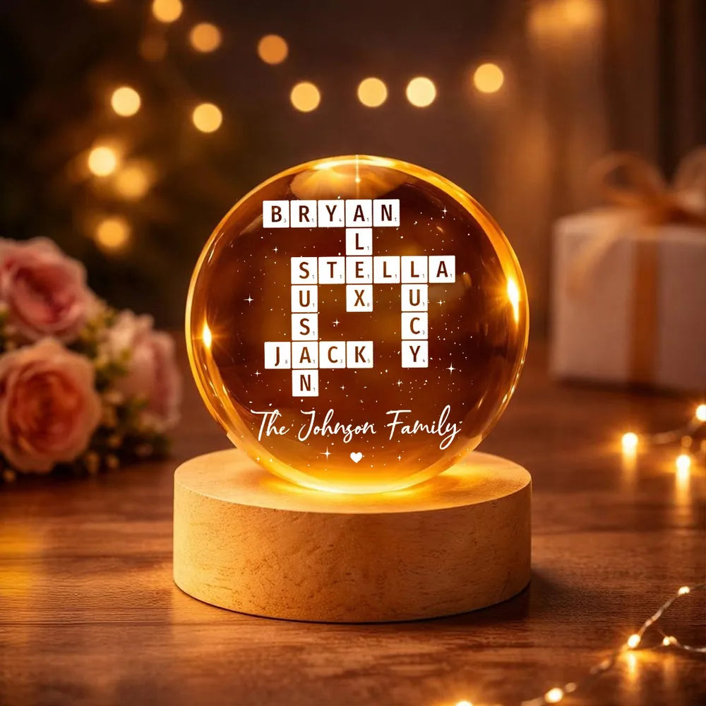 Custom Crossword Family Name Globe Lamp, Cozy Warm Light for Bedroom or Living Room, Thoughtful Unique Gift