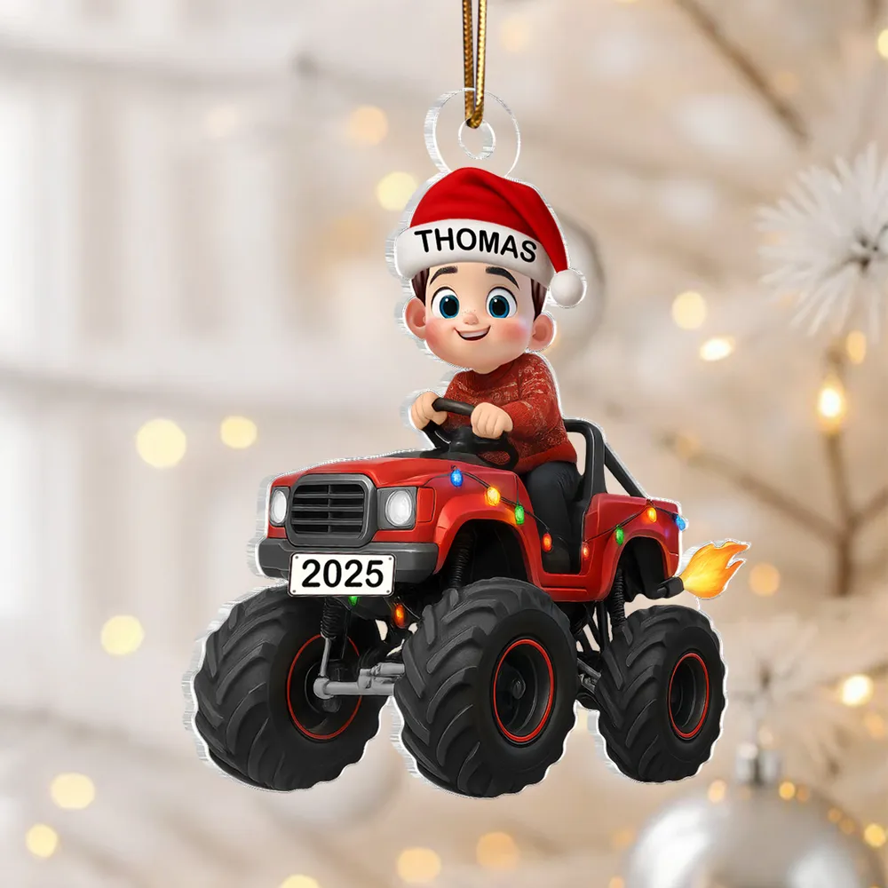 Personalized Acrylic Ornament - Kid Driving Monster Truck in Santa Hat - Christmas Tree Decor, Unique Gift for Kids