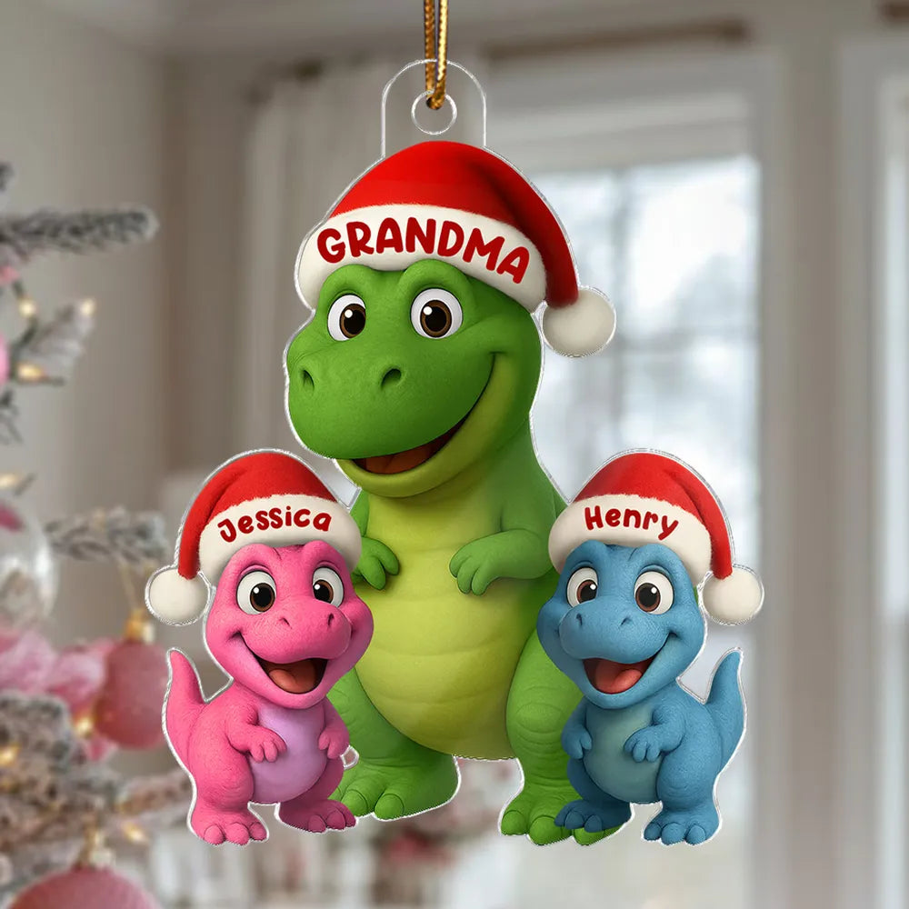 Christmas Grandma & Grandkids Dinosaur Acrylic Ornament – Adorable Family Keepsake, Perfect Gift for Grandparents
