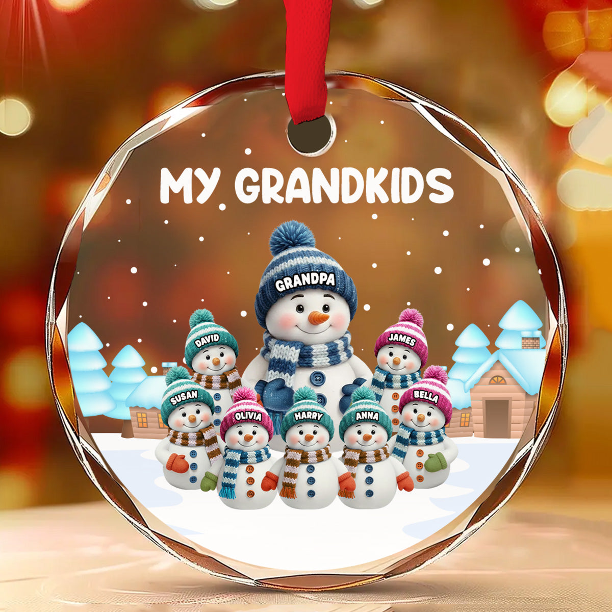 Crystal Ornament with Snowman Grandkids, Snowy Village Scene, customizable decor, heartfelt keepsake, unique gift for Grandma Grandpa