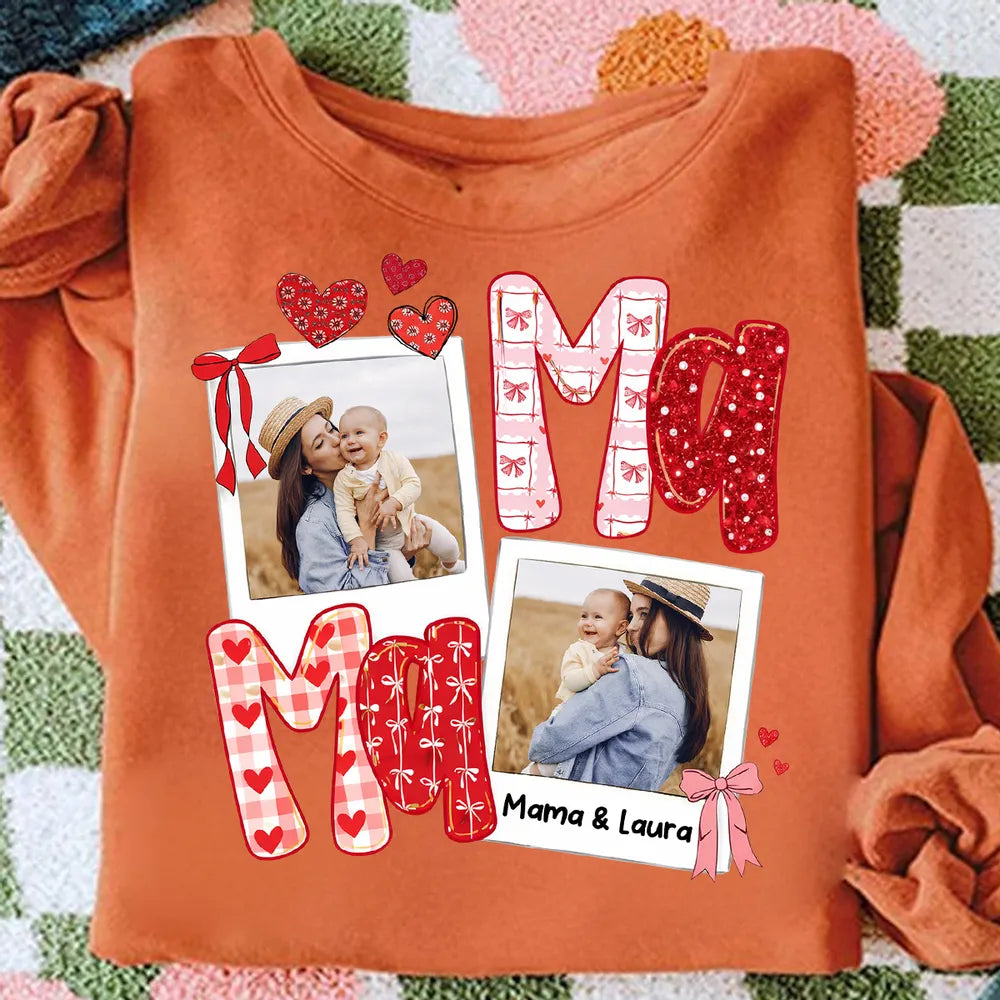 Custom Mama Classic Tee with Mom and Child Hugging Photos Red Valentine Style Hearts A Heartwarming Unique Gift