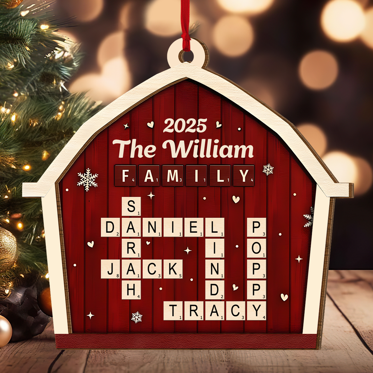 Family Crossword Barn - Personalized 2-Layered Wooden Ornament