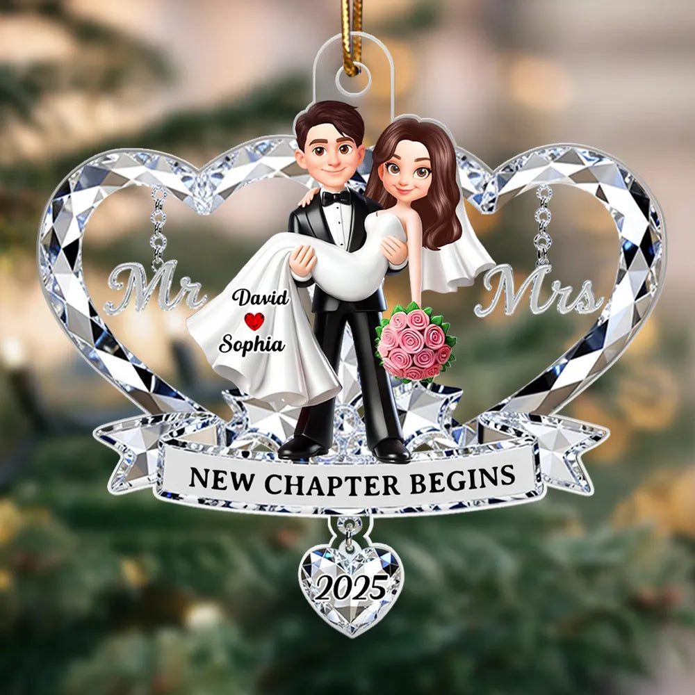 Personalized Acrylic Ornament for Couple, Mr & Mrs Bride in Groom's Arms, Christmas Tree Keepsake Unique Gift