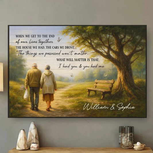 Custom Couple Poster Wall Art – Elderly Pair on Forest Path, Heartfelt Personalized Print, Romantic Keepsake Gift for Lifelong Partners