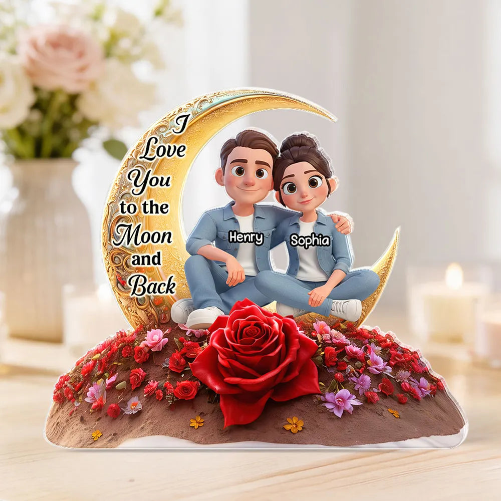 Personalized Shaped Acrylic Block Plaque Moon & Rose Couple Sitting by the Sea Unique Romantic Gift for Him or Her