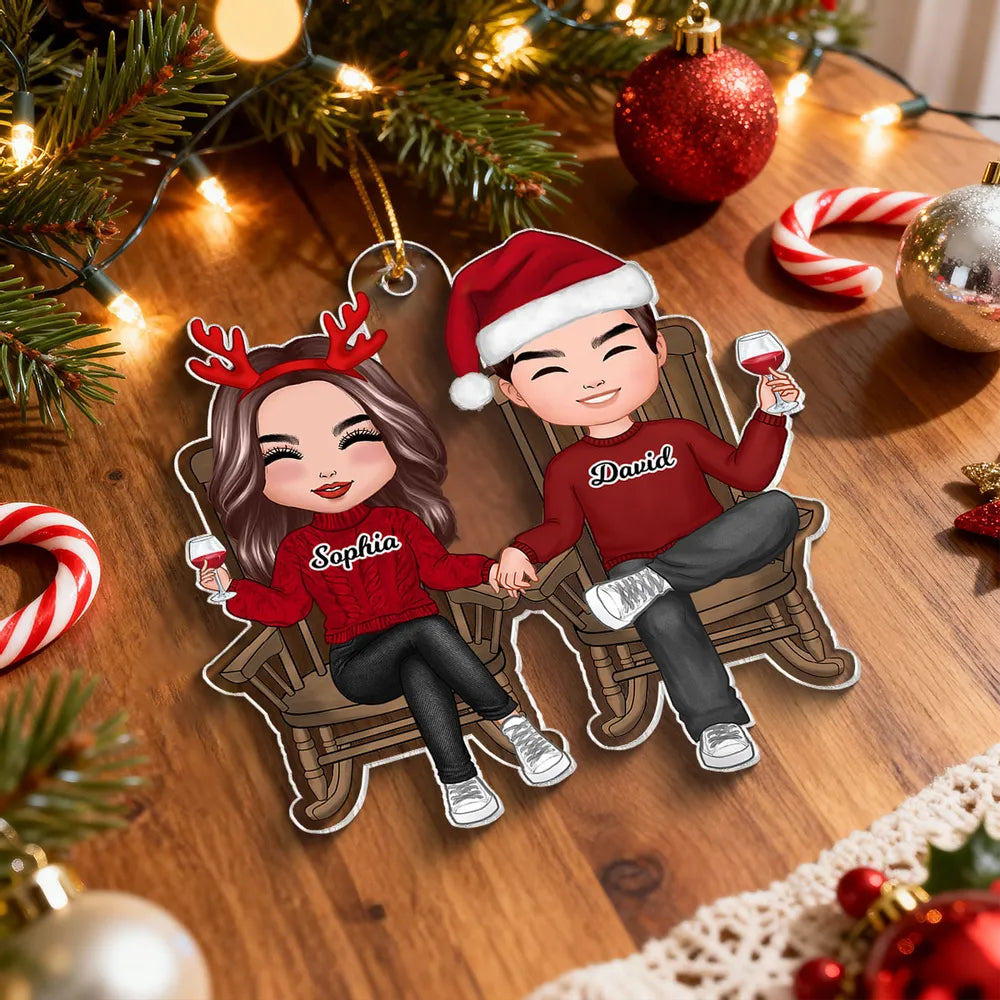 Personalized Couple Acrylic Car Hanger, Cute Sitting Together Christmas Mirror Decor, Unique Gift for Him or Her