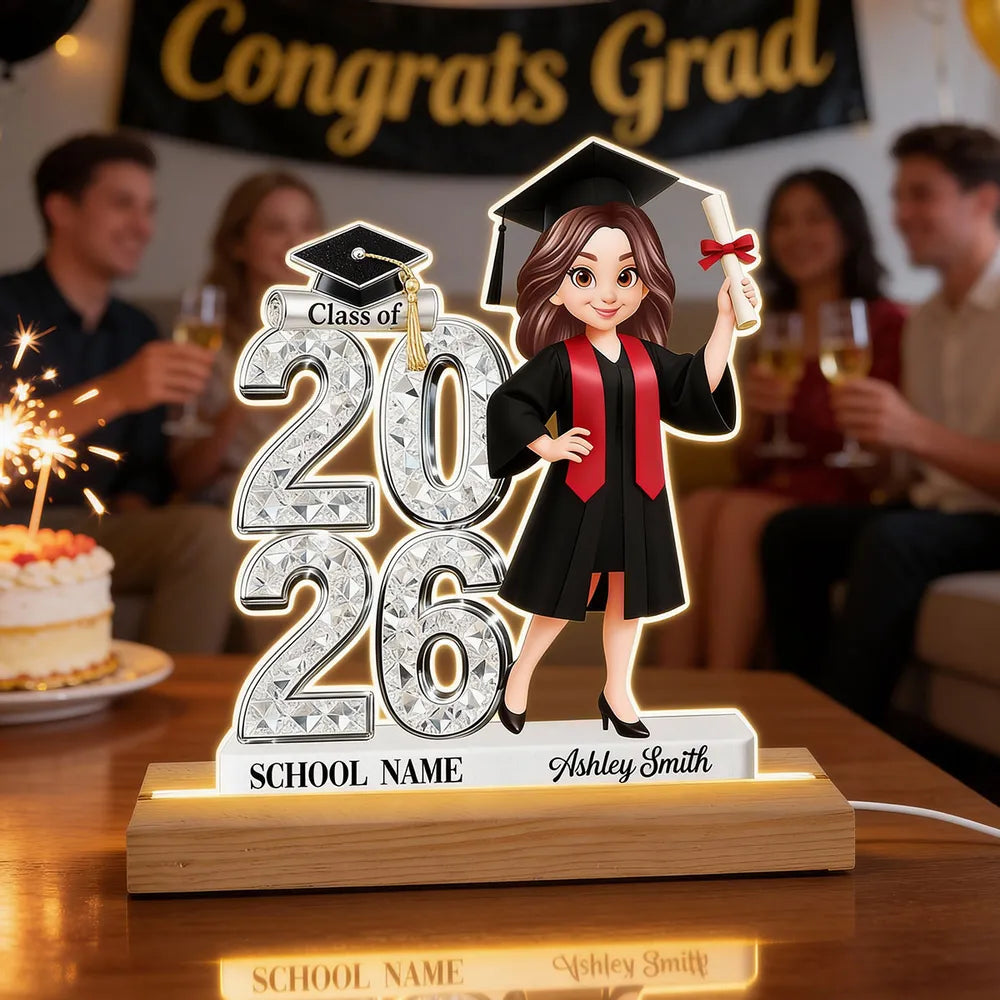 Personalized Block LED Light Plaque Graduation Night Light with Graduate Girl Holding Diploma, Warm Glow Unique Gift