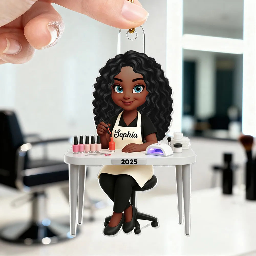 Personalized Acrylic Nail Tech Ornament, Cute Manicurist Desk Scene Keepsake Gift for Beauty Lovers