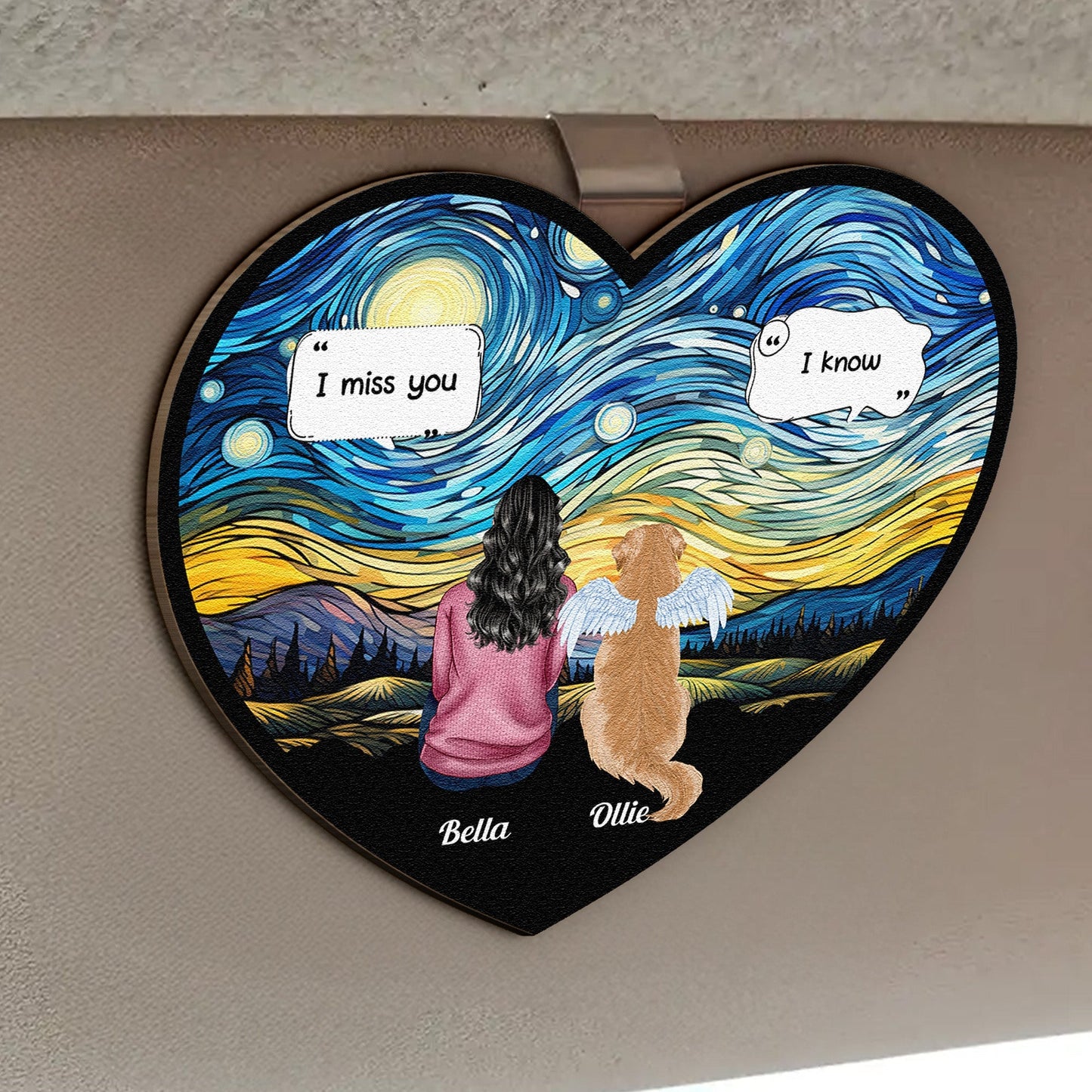 Sentimental Pet Tribute Wooden Car Visor Clip, Angel Wings Dog Design Under a Starry Sky - Personalized Unique Gift