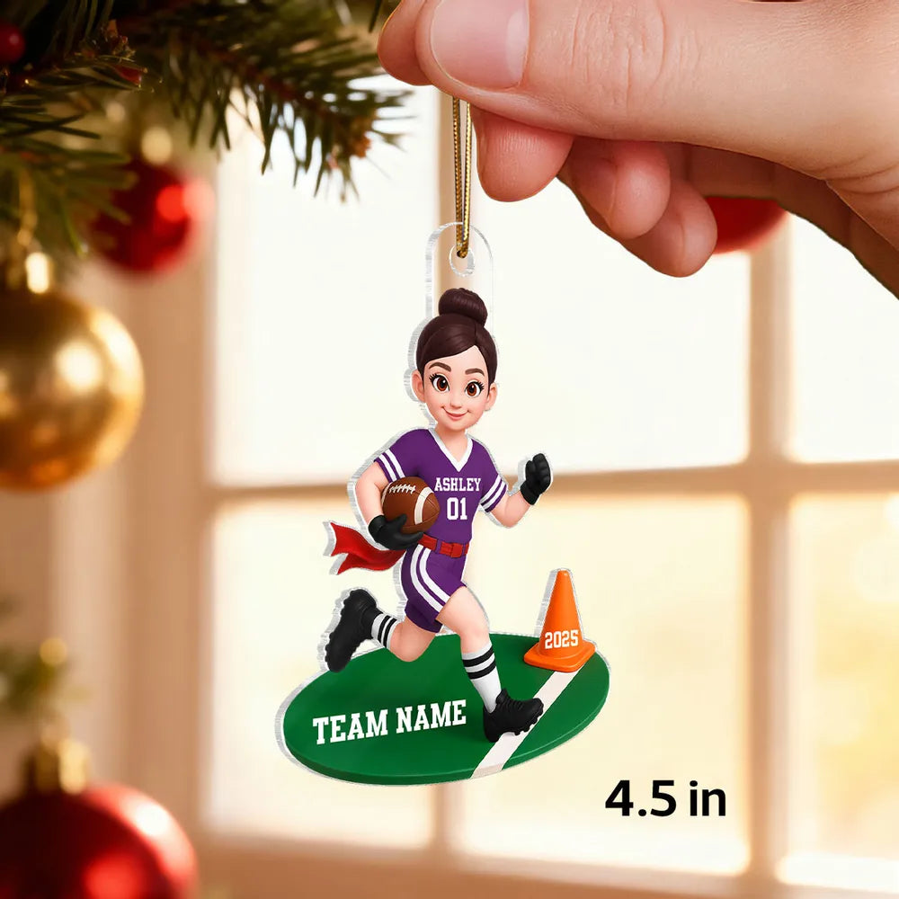 Acrylic Ornament Personalized Flag Football Kid Running on Field, Unique Christmas Tree Gift for Son