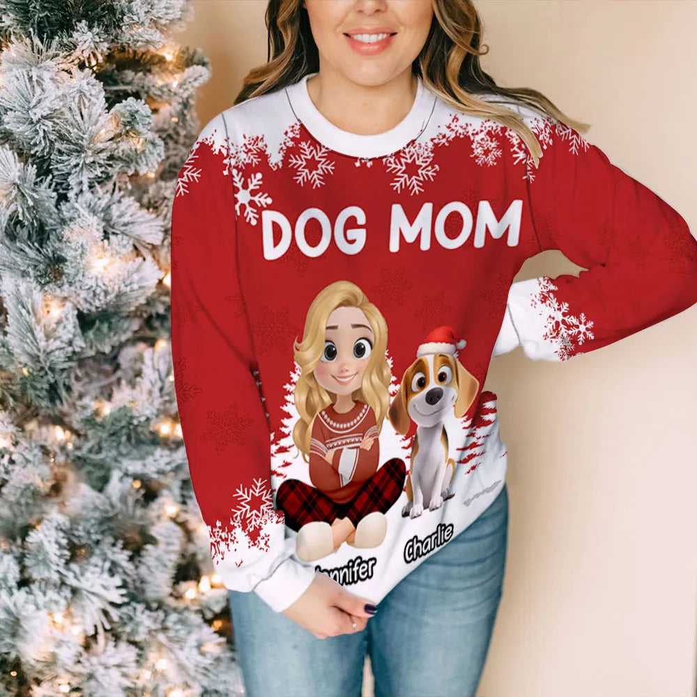 Personalized Dog Mom Printed Sweatshirt with Cartoon Portrait & Puppy, Festive Snowflake Design, Unique Christmas Gift for Pet Lovers