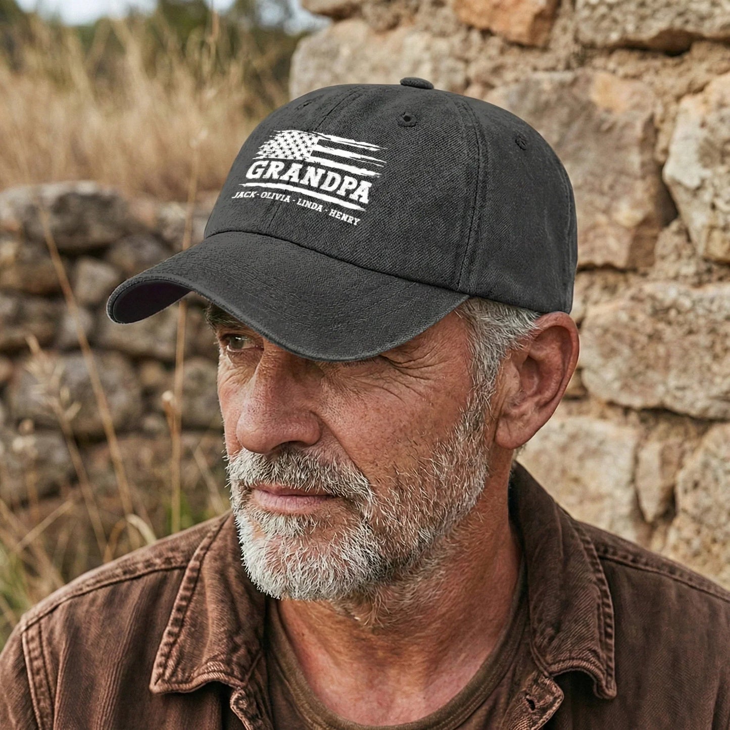 Personalized Washed Denim Baseball Cap with Distressed USA Flag Grandpa Design, Unique Father's Day Gift