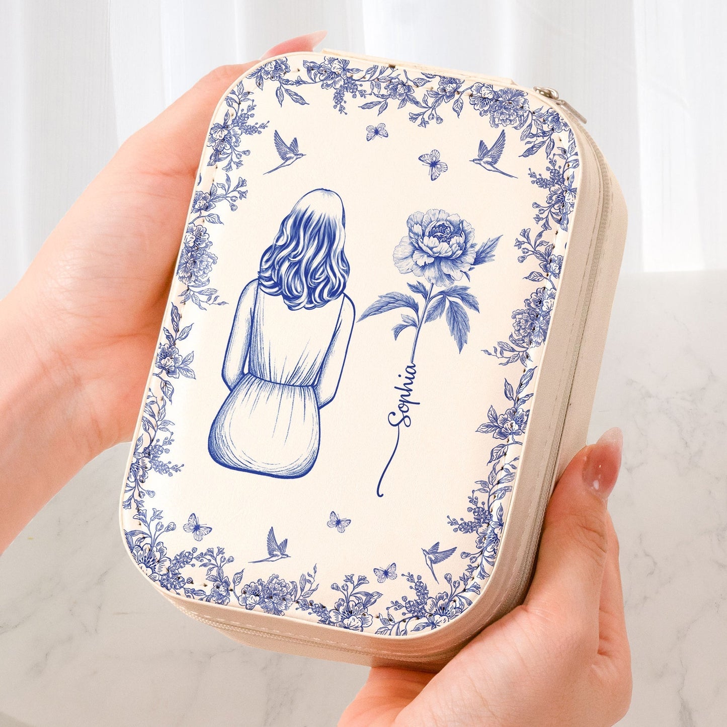 Personalized Leather LED Makeup Case with Birth Flower Art – Custom Girl Illustration Cosmetic Organizer, Unique Gift for Her