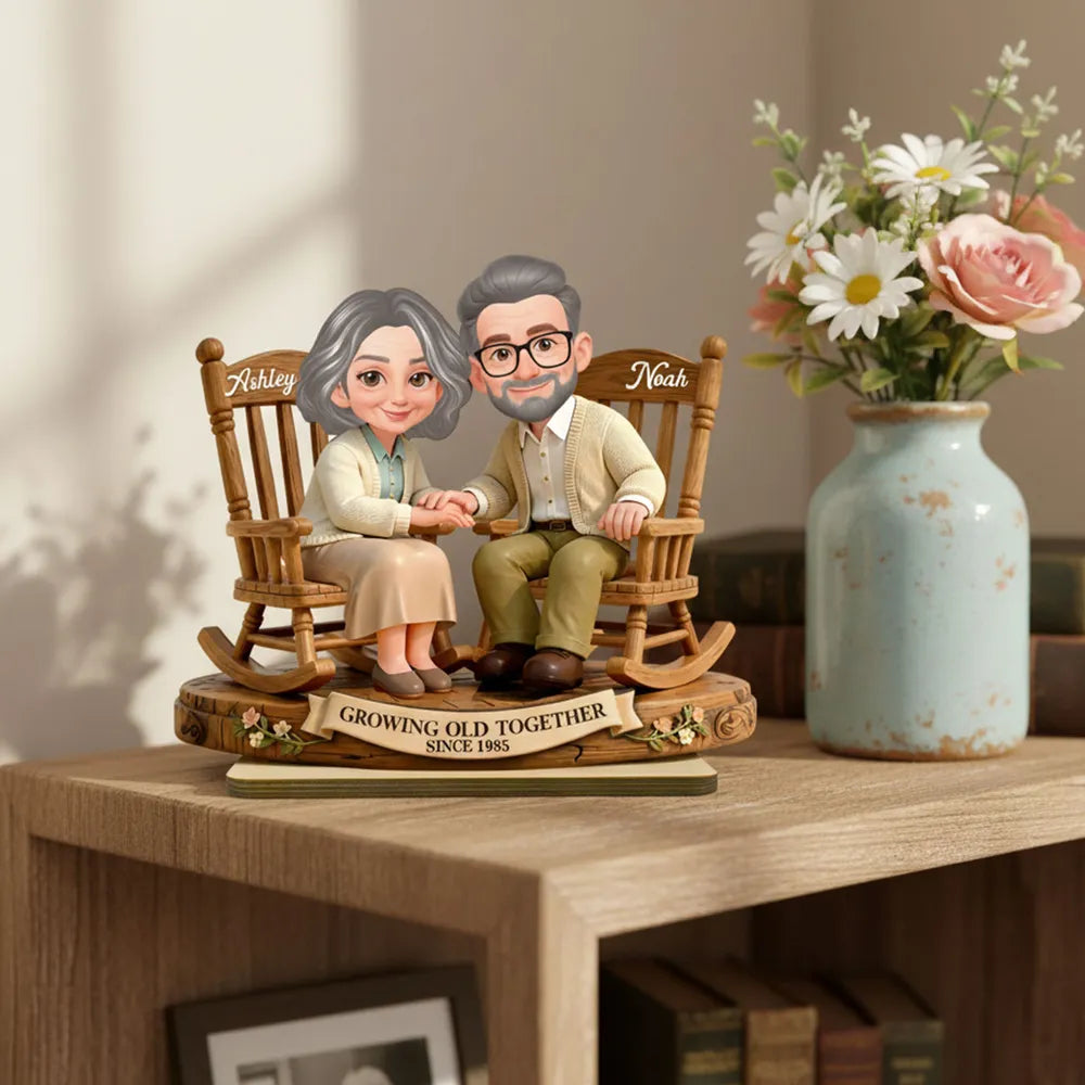 Personalized 2-Layer Wooden Plaque with Couple Holding Hands in Rocking Chairs, Sweet Keepsake Decor, Unique Gift for Wife or Husband