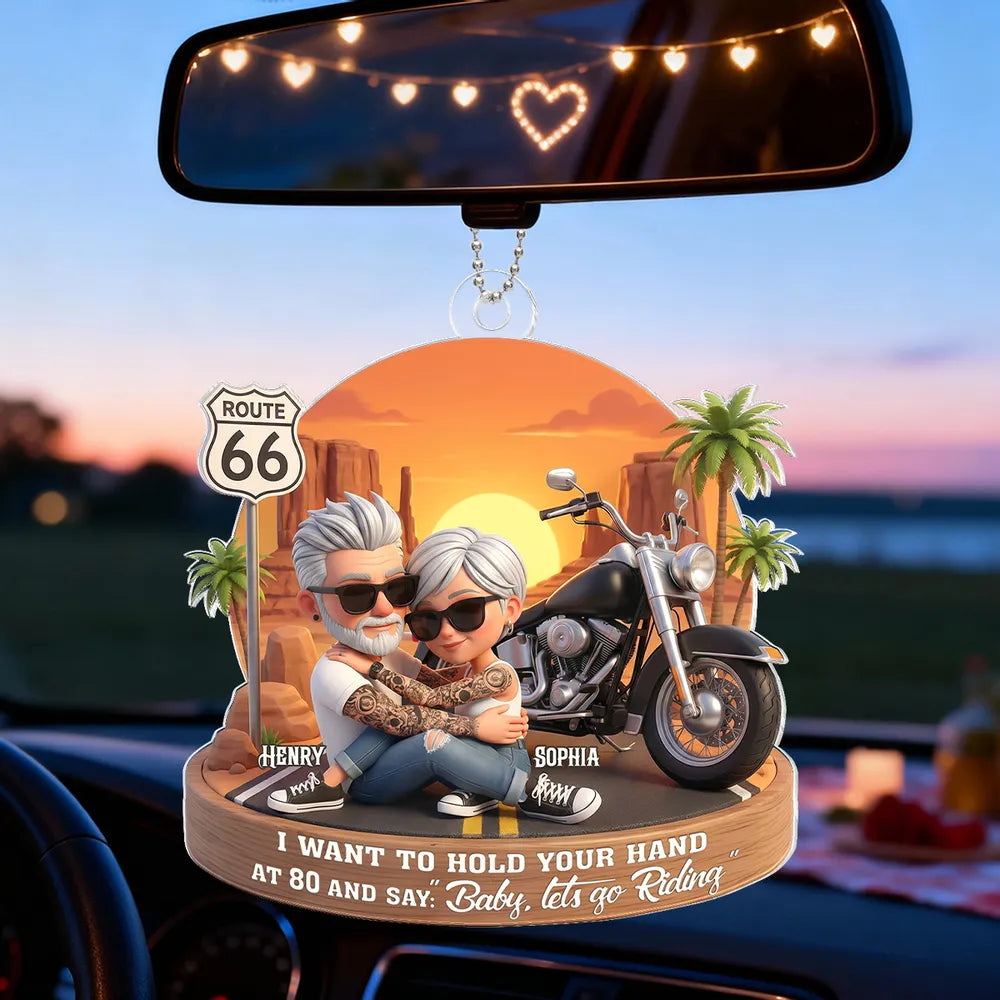 Acrylic Car Hanger Personalized Romantic Road Trip Scene Baby Let's Go Riding Quote - Cute Car Mirror Decor Gift for Couples