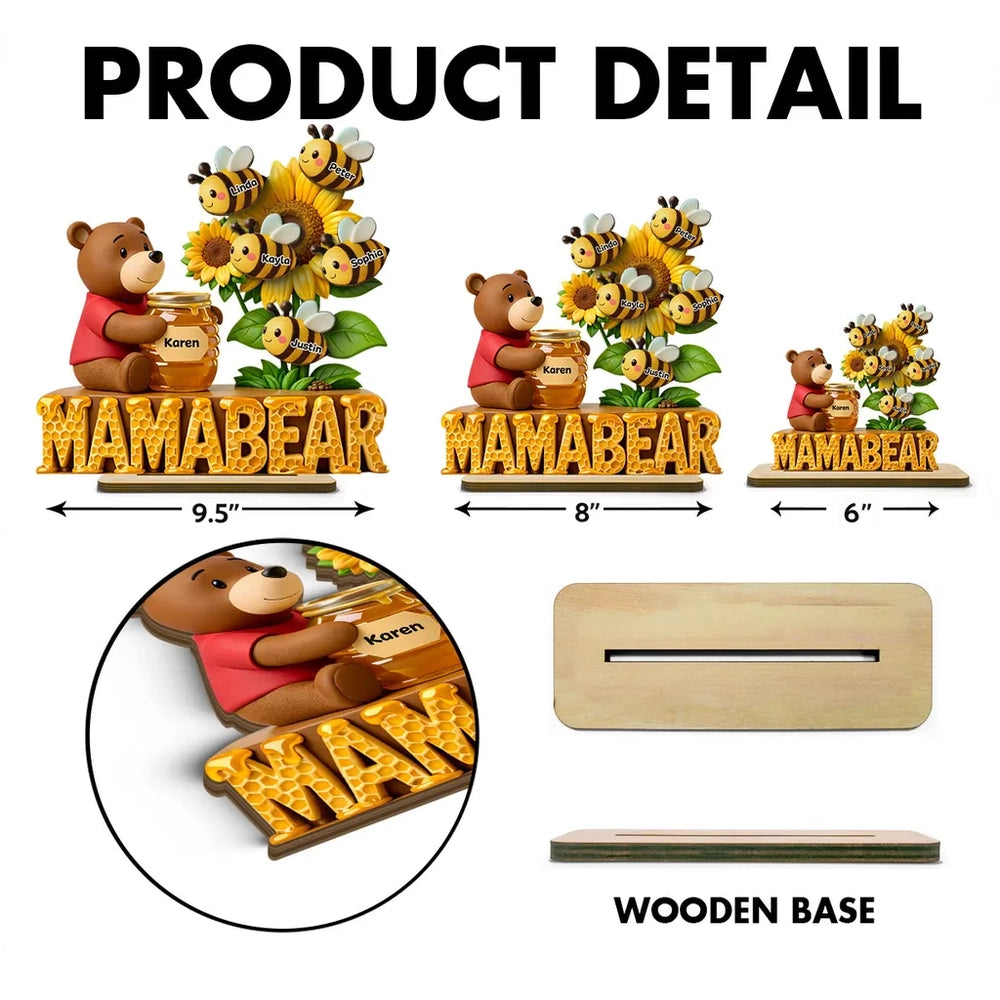 Mama Bear with Honey Jar & Sunflower Bees 2-Layer Wooden Plaque, Personalized Family Keepsake for Mom, Warm Living Room Gift