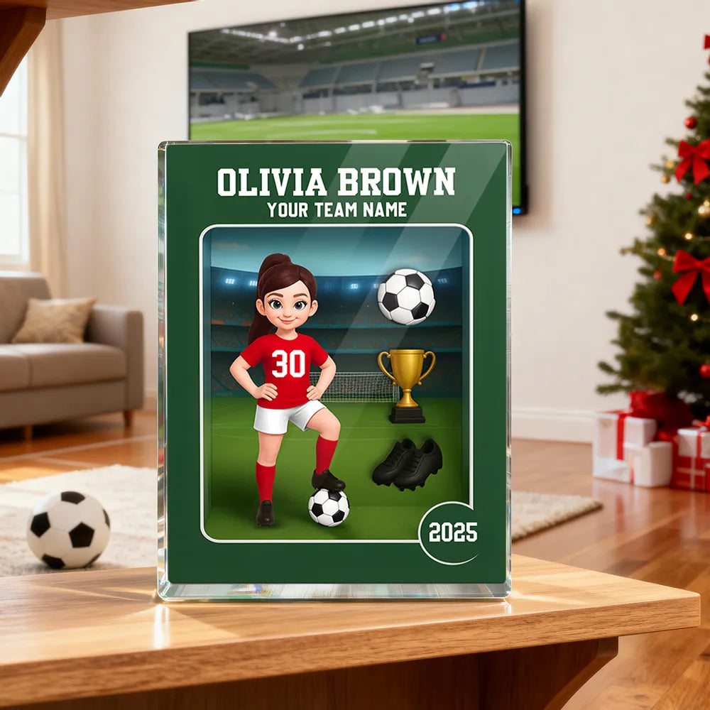 Acrylic Block Plaque - Customizable Soccer Keepsake, stadium design, player with ball - Creative Gift for Kids & Teams