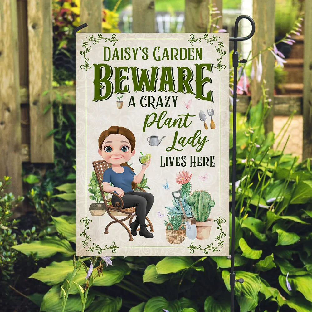 Customizable Plant Lover Garden Flag – “Beware A Crazy Plant Lady” Quote, Perfect for Gardeners