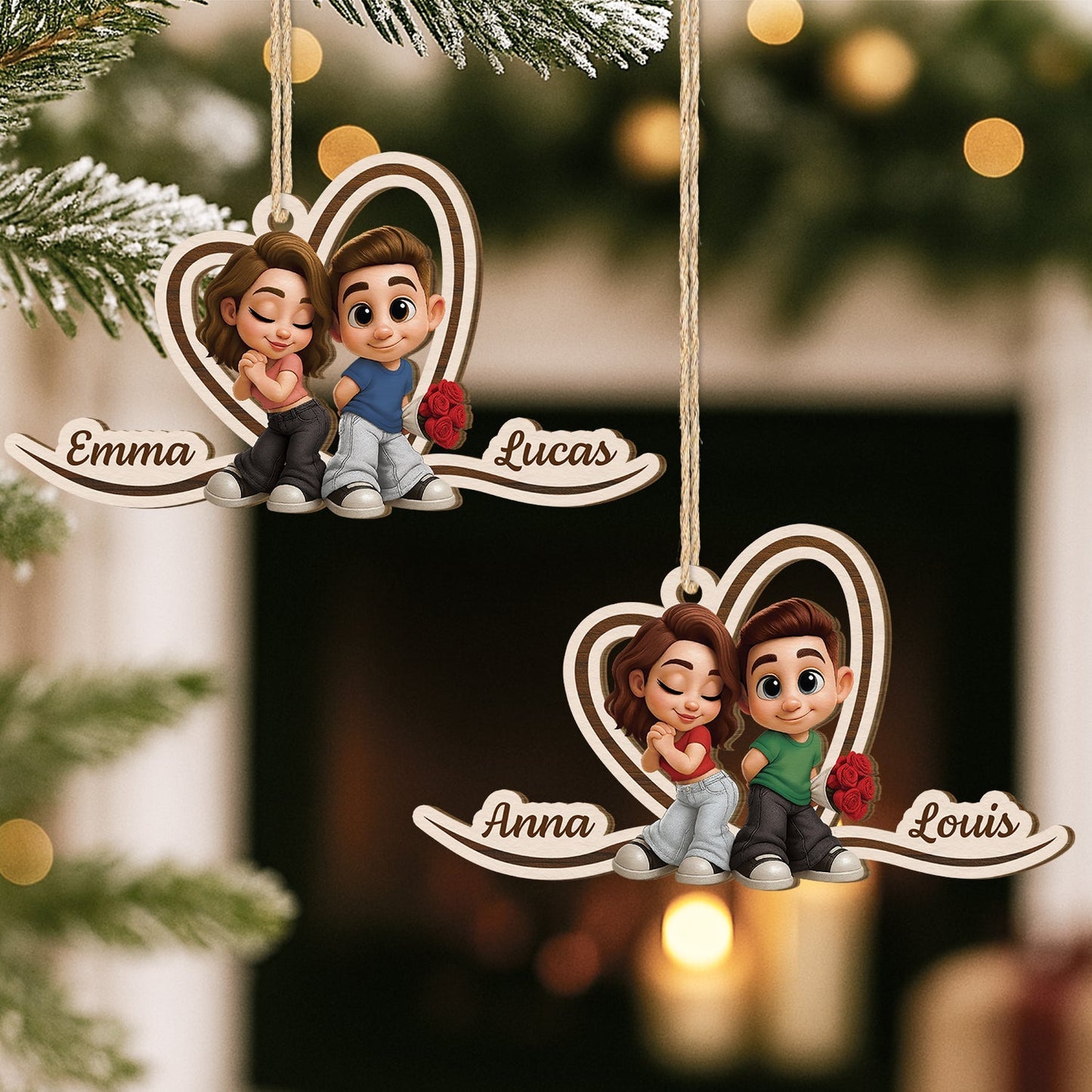 Custom Couple Wooden Ornament with Y2K Style Cartoon Art, Sweet Holiday Keepsake and Unique Romantic Gift