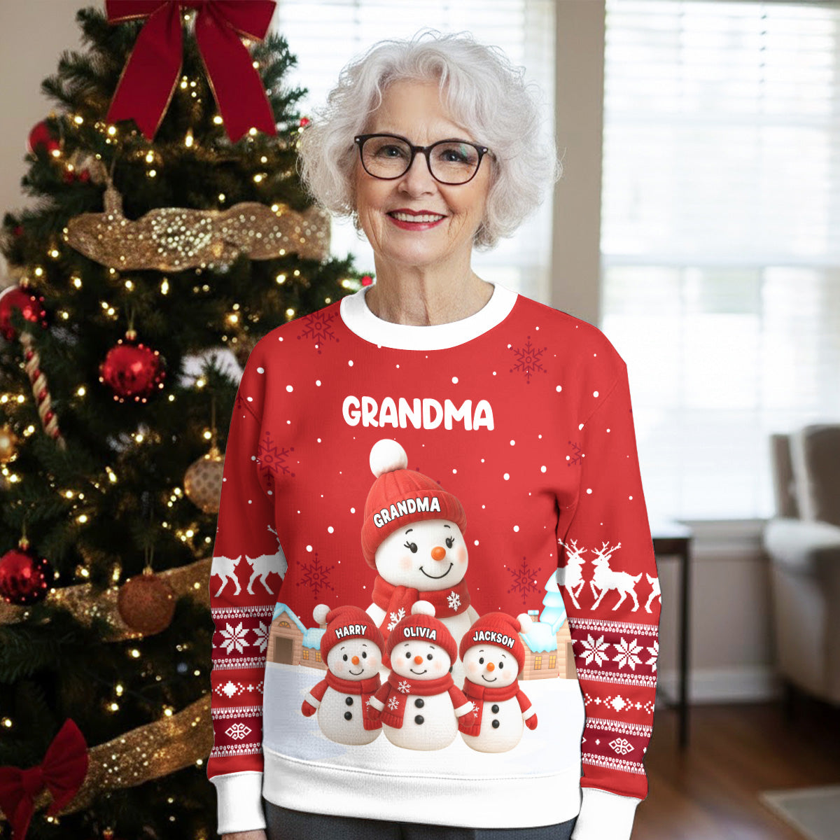 Grandma Snowman Family Sweatshirt, Personalized All-Over Print, Snowy Village Scene, a Unique Christmas Gift for Grandma