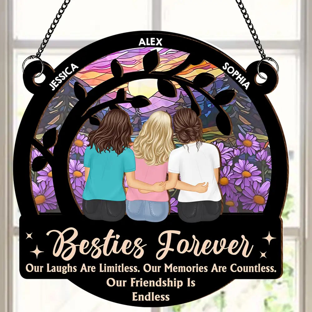 “Besties Forever” Layered Wood & Acrylic Sun-Catcher – Custom Friend Names