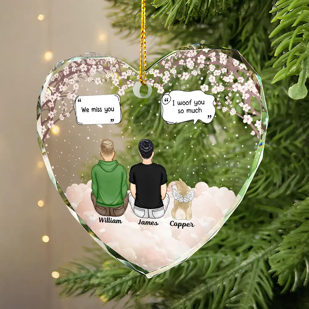 Heart Crystal Ornament with woman and angel dog in clouds, a touching memorial gift for pet lovers