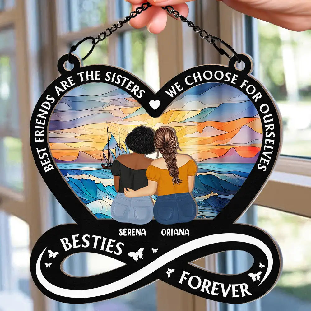 “Not Sisters by Blood but Sisters by Heart” Sunset Ornament – Double-Layer Wood & Acrylic Gift for Besties