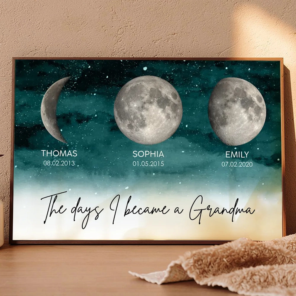 Personalized Moon Phase Starry Sky Poster, The Day I Became a Grandma Wall Art, Unique Gift for Grandma