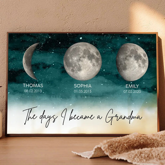 Personalized Moon Phase Starry Sky Poster, The Day I Became a Grandma Wall Art, Unique Gift for Grandma