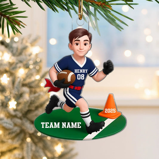 Acrylic Ornament Personalized Flag Football Kid Running on Field, Unique Christmas Tree Gift for Son