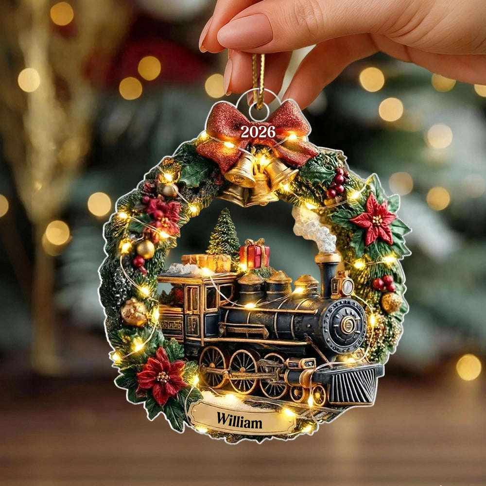 Cozy Lighted Train Wreath Acrylic Ornament, Personalized Keepsake For Holiday Home Decorating, Unique Creative Gift