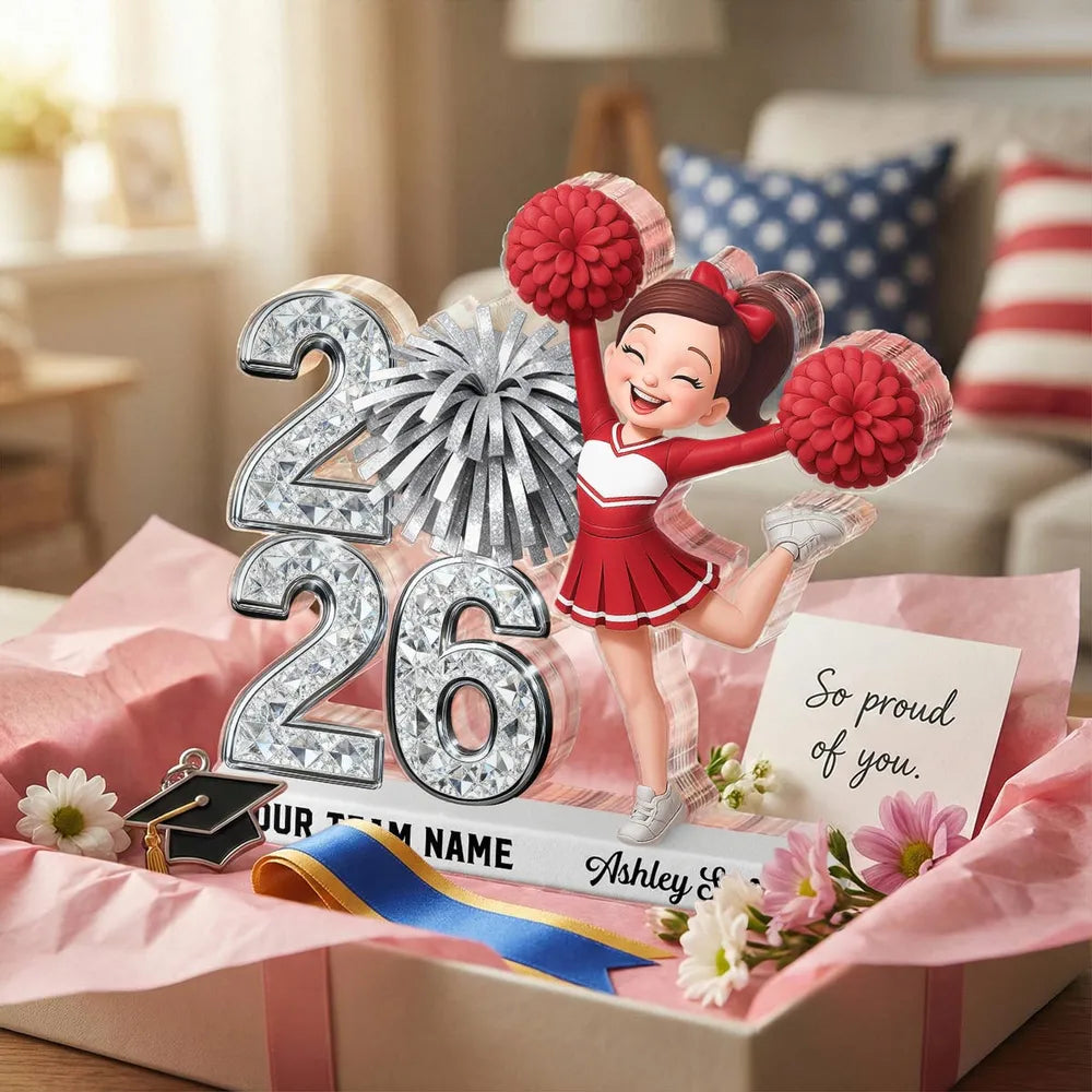 Shaped Acrylic Block Plaque With Cheerleader and Pom Poms Desk Decor, A Sweet Personalized Keepsake Gift