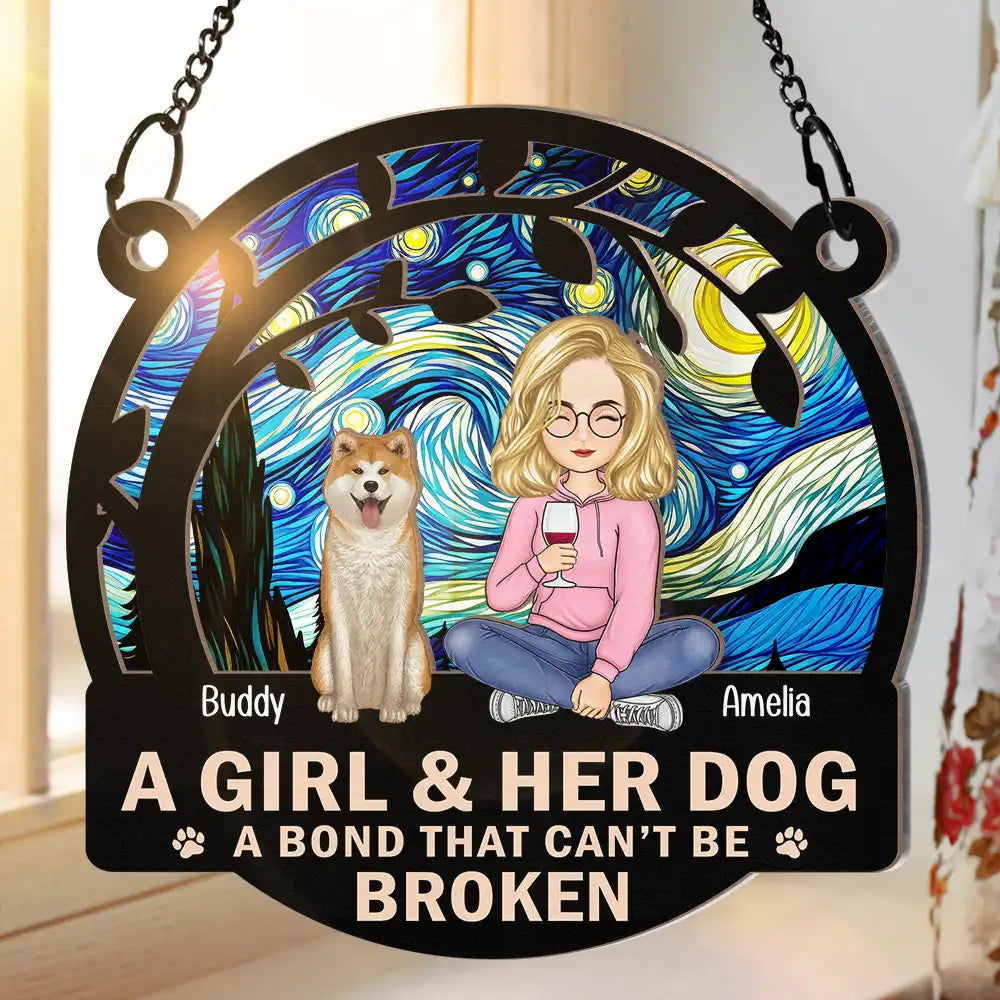 Personalized Wood and Acrylic Layered Ornament – A Girl & Her Dog, Custom Design with Starry Background and Pet Details, Sentimental Gift for Pet Lovers and Dog Moms, Perfect for Home Decor