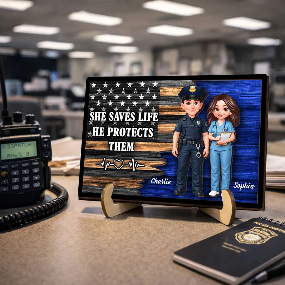 Personalized 2-Layer Wooden Plaque with Cute Cartoon Police Officer & Nurse on Thin Blue Line Flag - Unique Gift for Couples