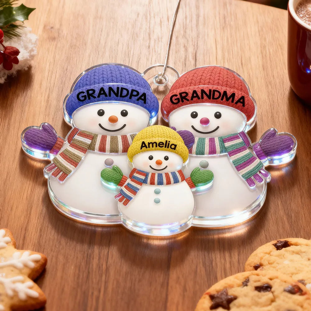 Grandparents & Grandchild Snowman Acrylic Ornament – Heartwarming Family Design, Perfect Holiday Gift