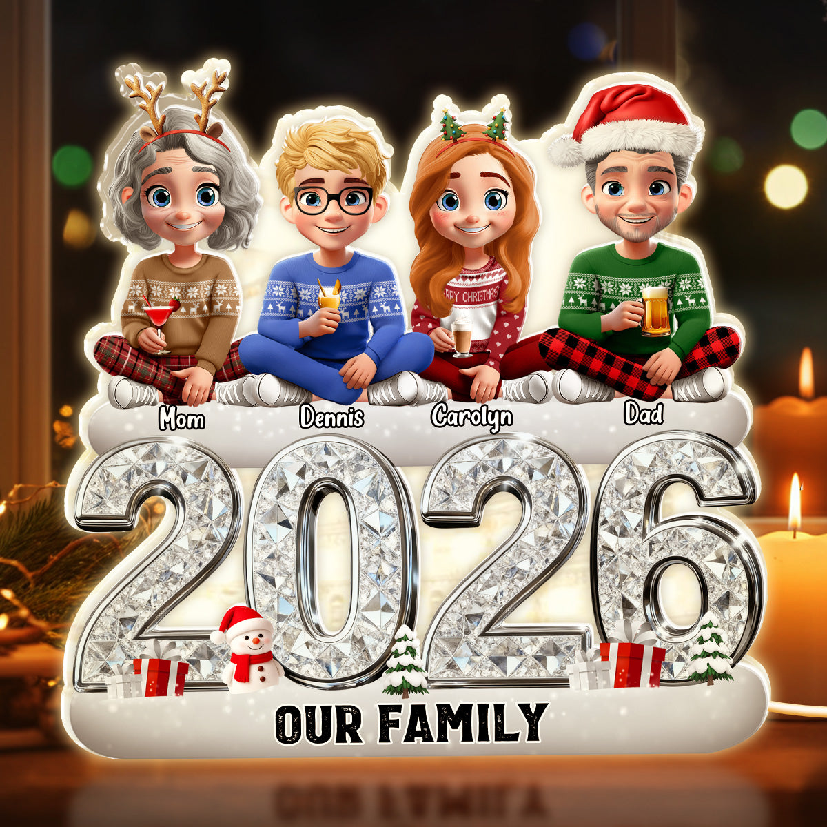 Custom Our Family Acrylic Light Box with Festive Characters, Warm Atmosphere Lighting Acrylic Light Box, Heartfelt Holiday Gift for the Whole Family