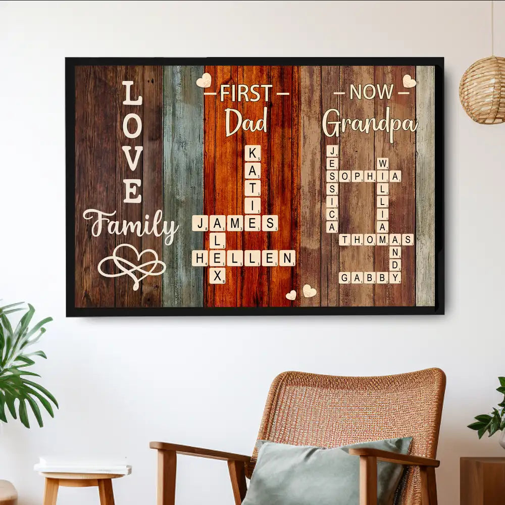 “First Dad, Now Grandpa” Rustic Crossword Poster – Personalized Family Names, Father’s Day Wall Art