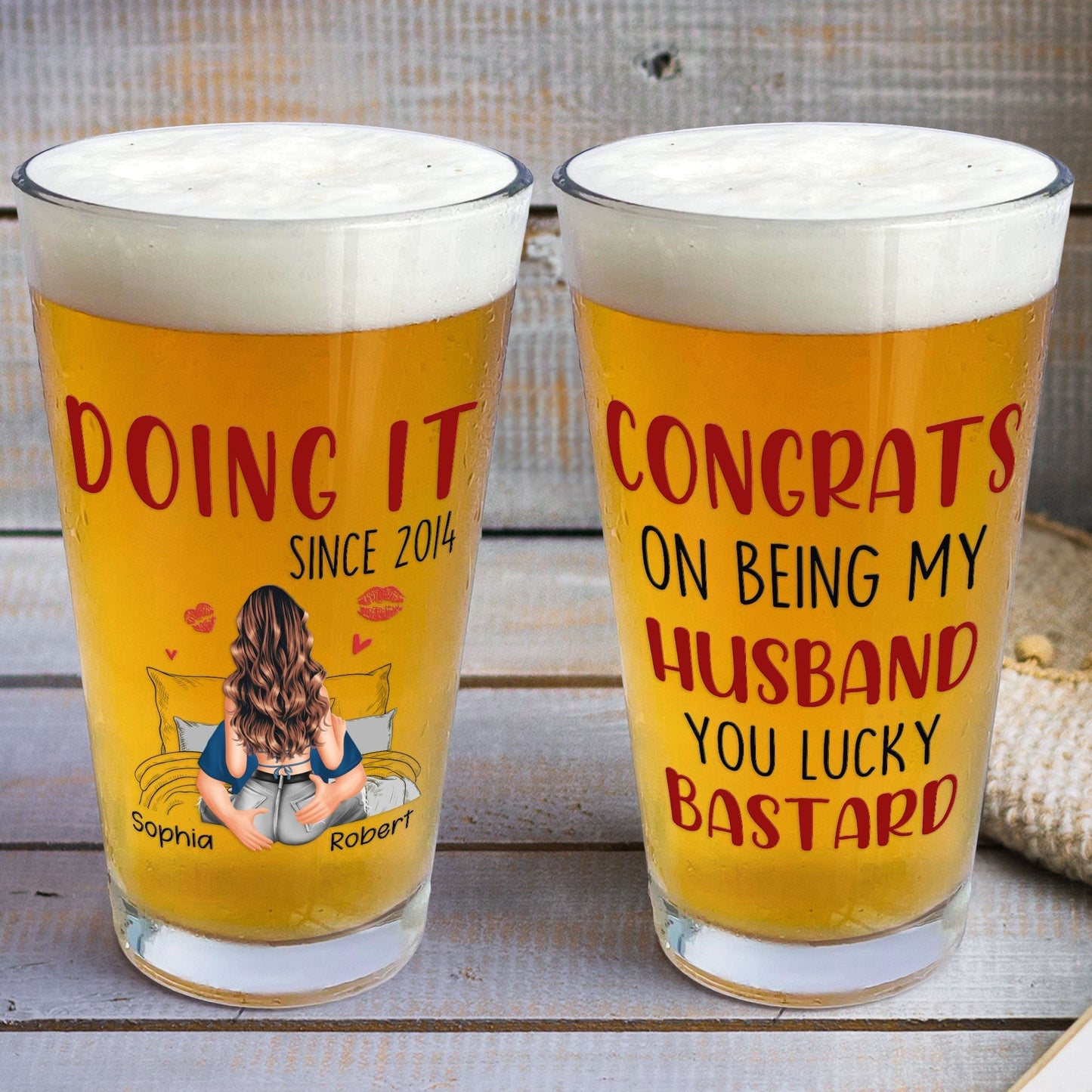 Congrats On Being My Husband Personalized Beer Glass, Cheeky Love Quote Gift For Him With Heart And Kiss Marks