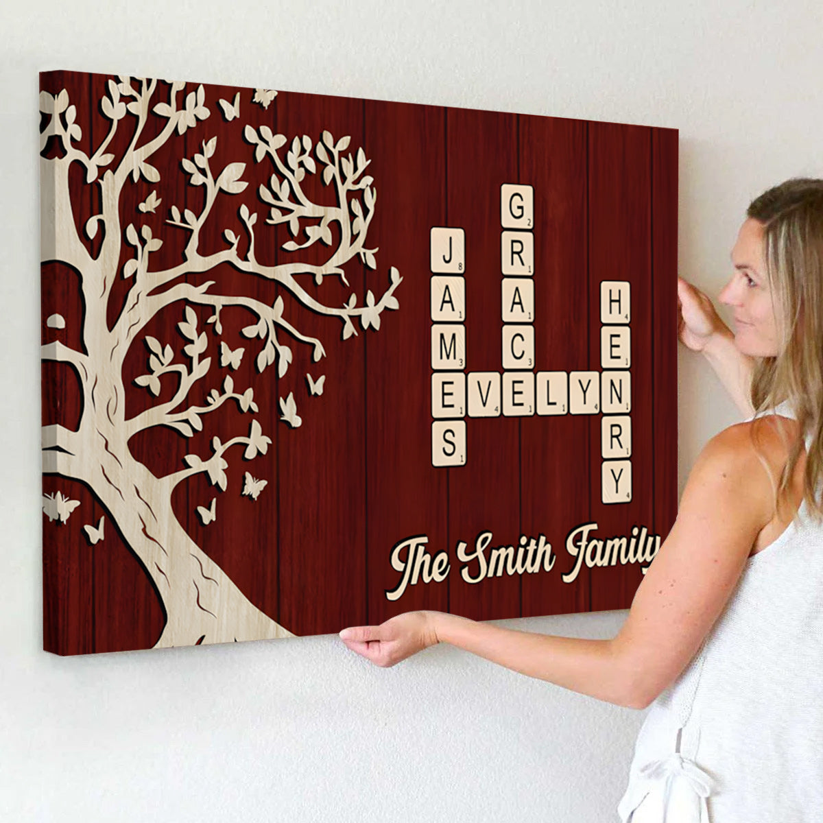 Family Crossword Poster - Custom Tree Wall Art, Warm Wood Look, A Unique Gift for Mom, Dad & Grandparents
