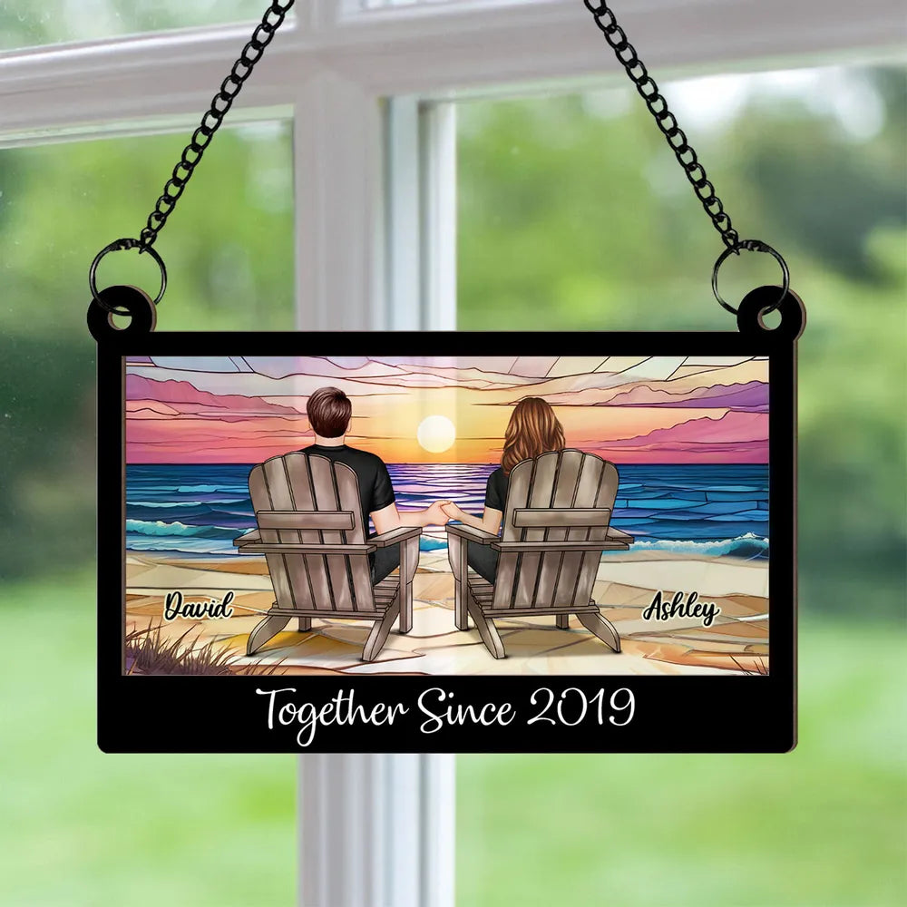 Wood and Acrylic Layered Ornament with Couple Holding Hands on Beach Chairs, Sunset Scene, Perfect Gift for Love and Home Décor