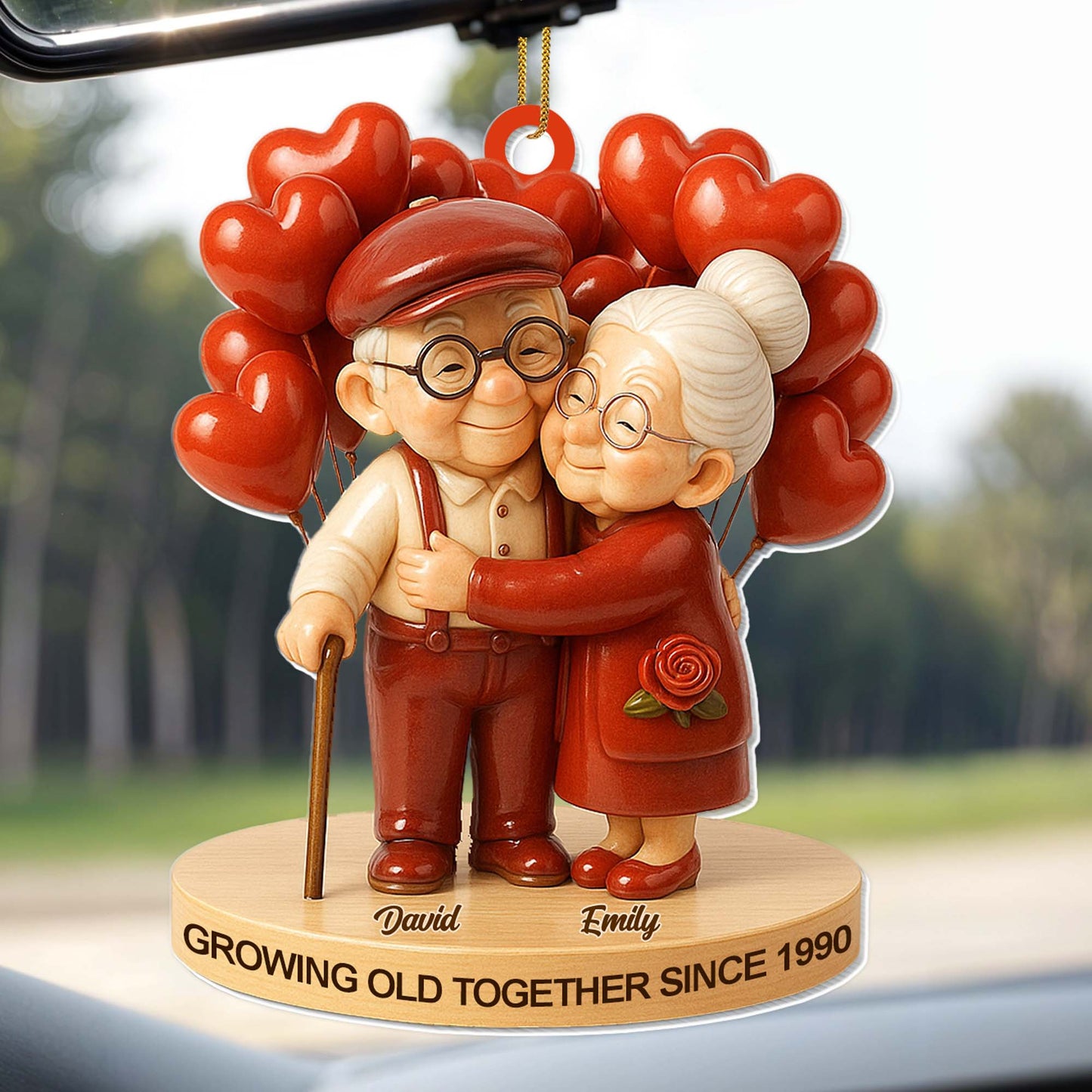 Personalized Acrylic Ornament Cute Elderly Couple Hugging With Heart Balloons Holiday Decor Unique Gift For Couples