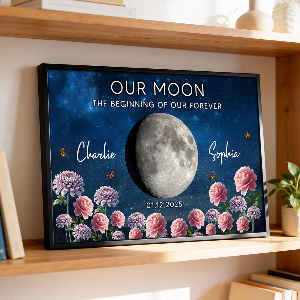 Personalized Our Moon Starry Sky Floral Poster, Custom Couple Keepsake Wall Art, Unique Romantic Gift